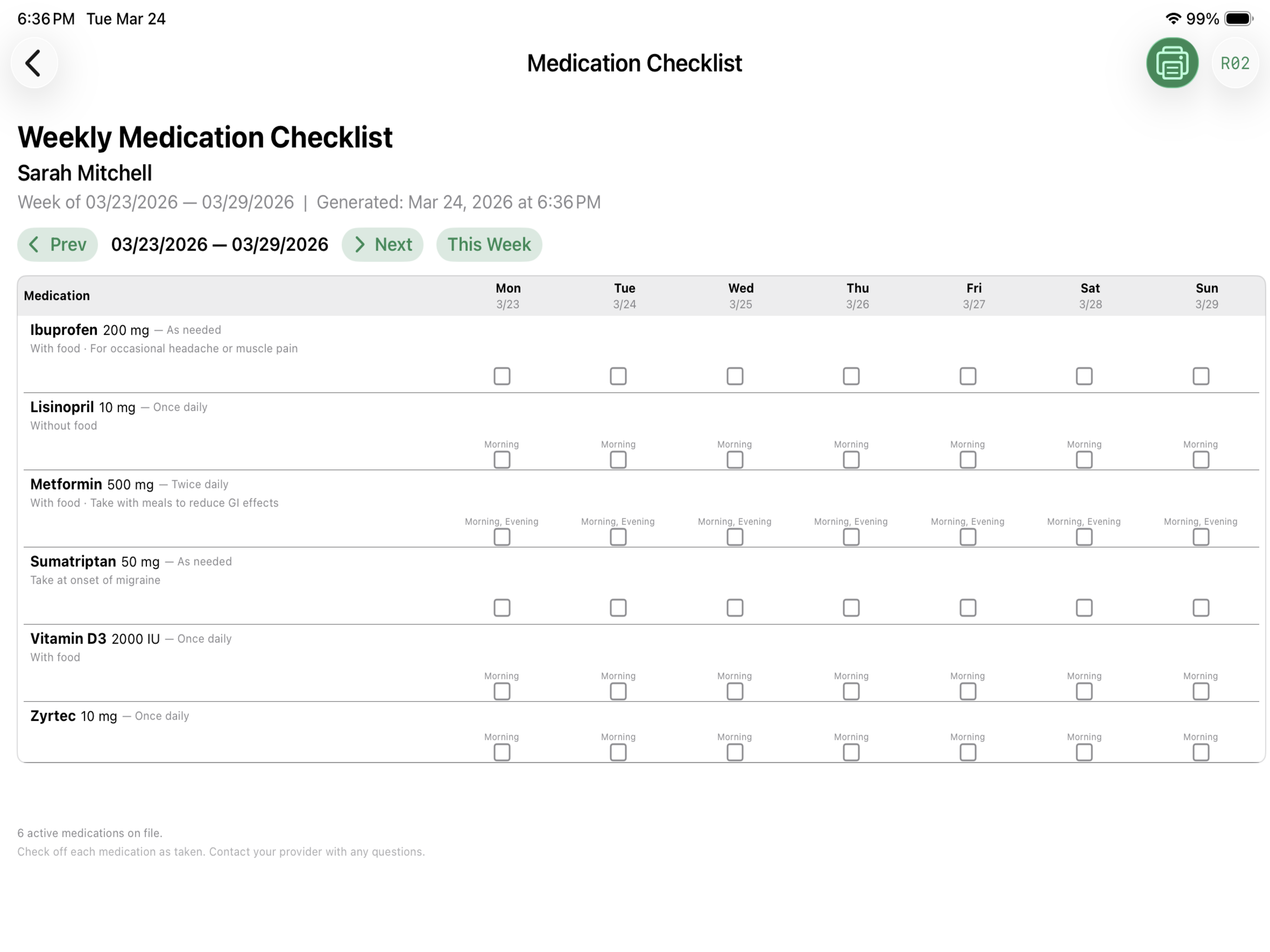 Medication Checklist Report