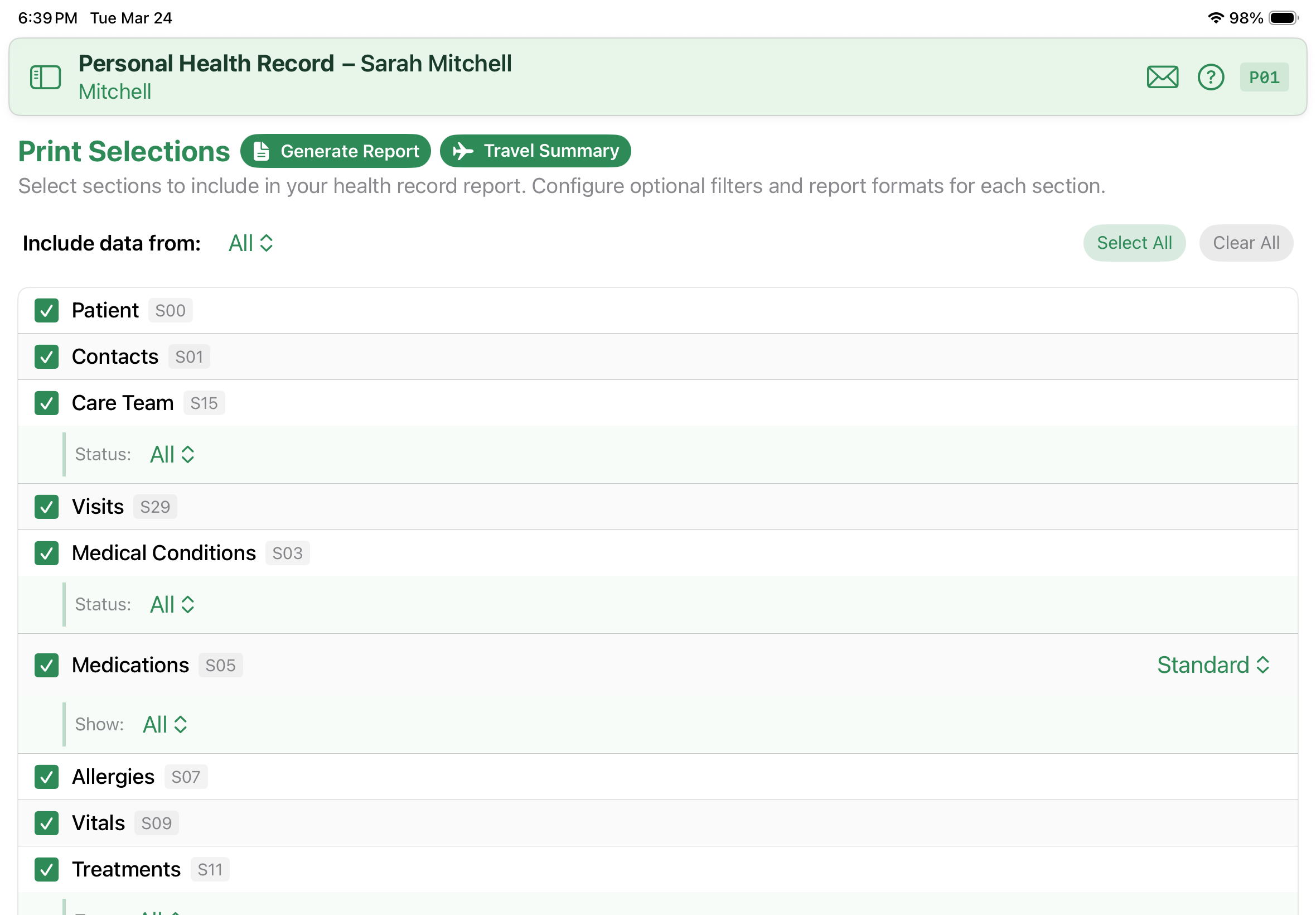 Print Selections screen